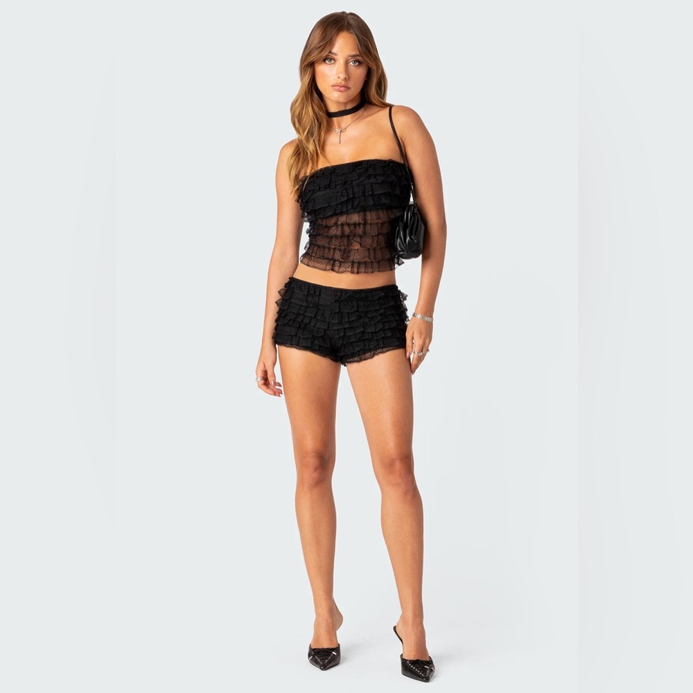 Edikted Sheer Ruffle Two-Piece Top & Shorts Set in Black